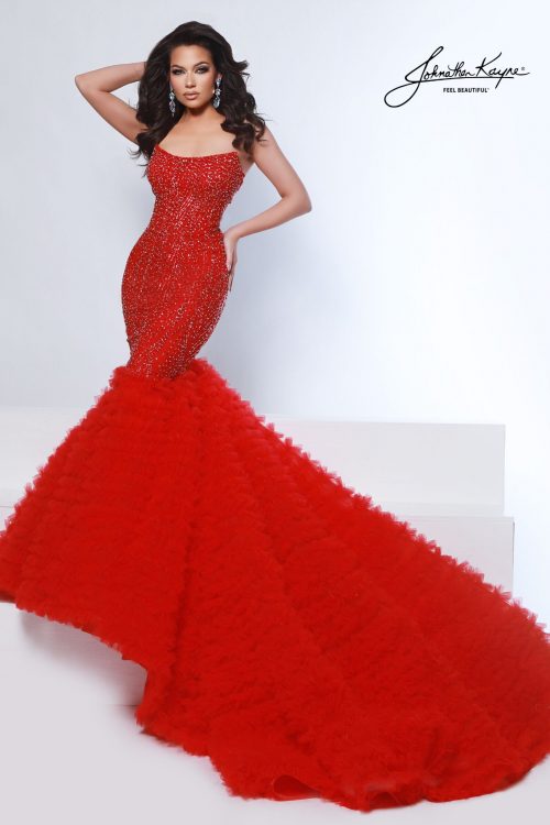 Strapless red pageant gown with full crystal embellishments and dramatic ruffled mermaid skirt. Perfect for high-fashion pageants, red carpet, 2025 homecoming court, couture pageant crossover look.
